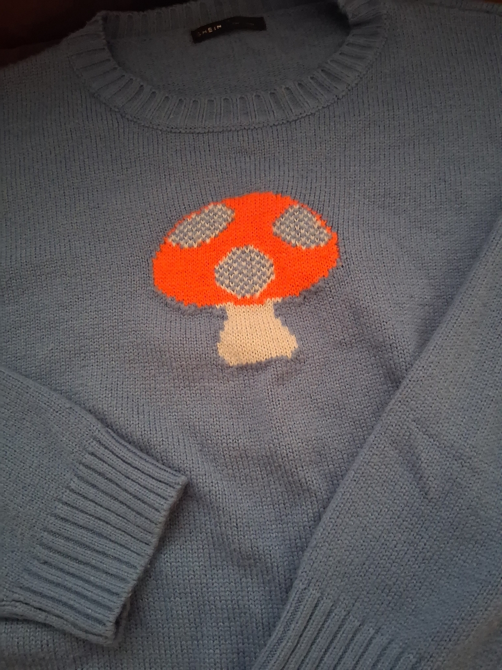 SHEIN Sz 8 Women's Blue Knit Sweater w/ Orange Mushroom Excellent Condition - Picture 2 of 5